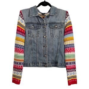 Rubbler Doll Denim Jacket Fair Isle Knit Sleeve Large Boho Festival Layer